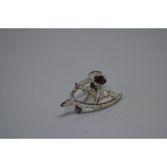Wishbone Flower Brooch Vintage Silver Tone Lucky Pin Purple Stone Vtg Jewelry - Picture 5 of 6